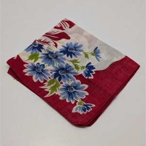 Vintage Floral Handkerchief Red Blue Daisy Tulip Scarf Bandana Accessory